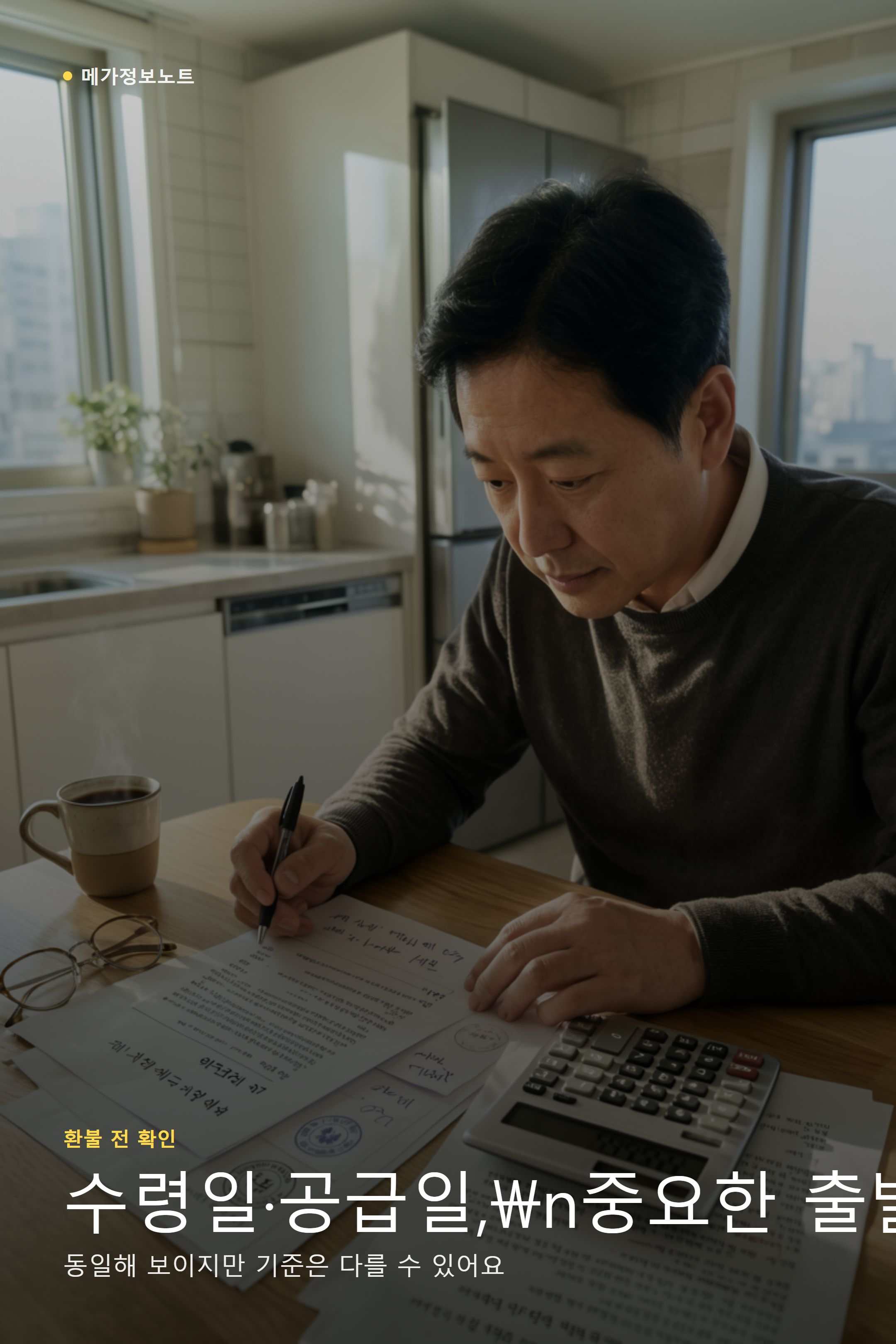 저녁 시간 집 책상에서 주문 화면과 영수증을 나란히 놓고 수령일을 표시해 보는 직장인