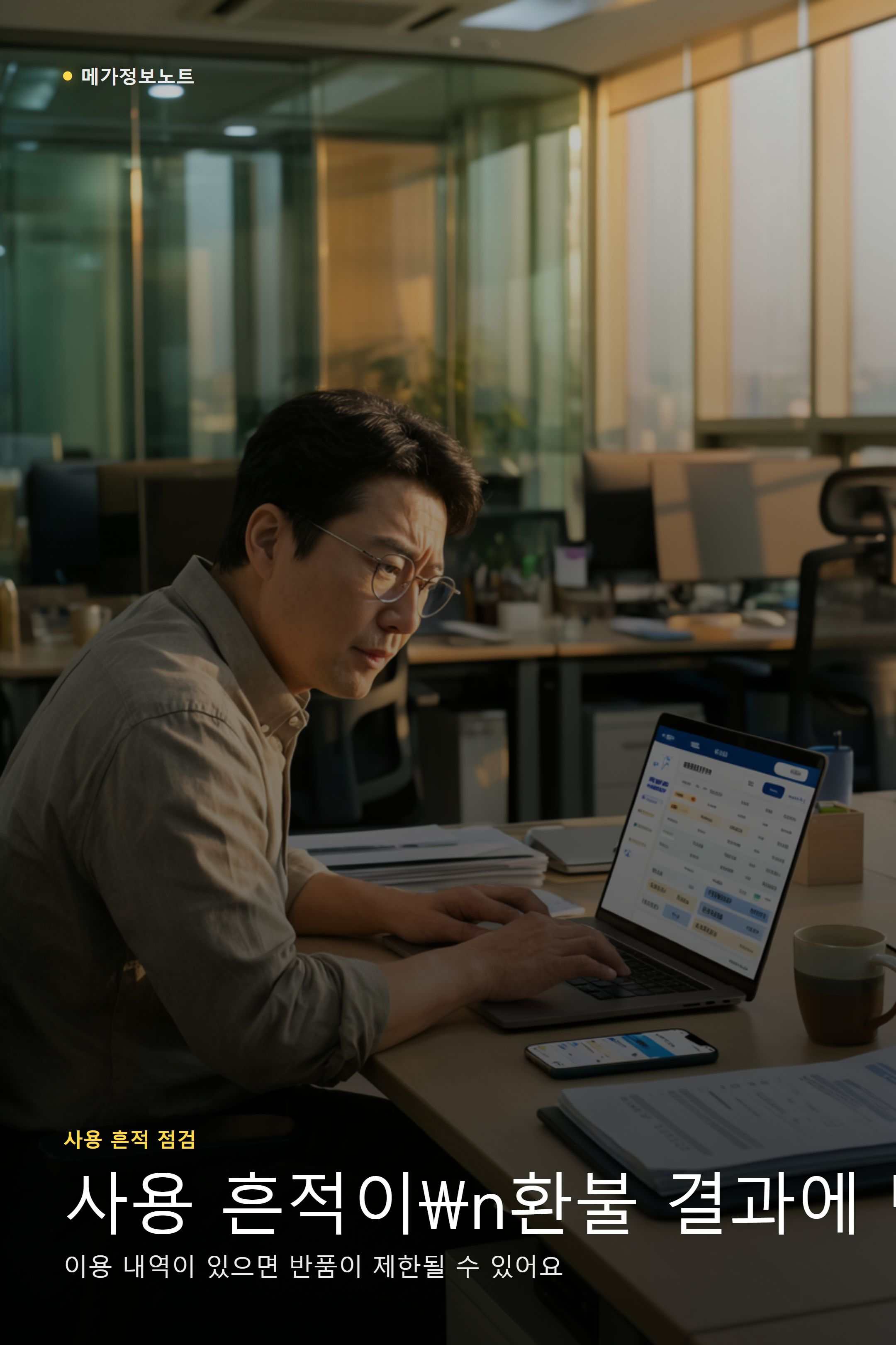 오후 업무공간에서 디지털쿠폰·항공권 이용내역을 비교해 환불 조건을 점검하는 직장인