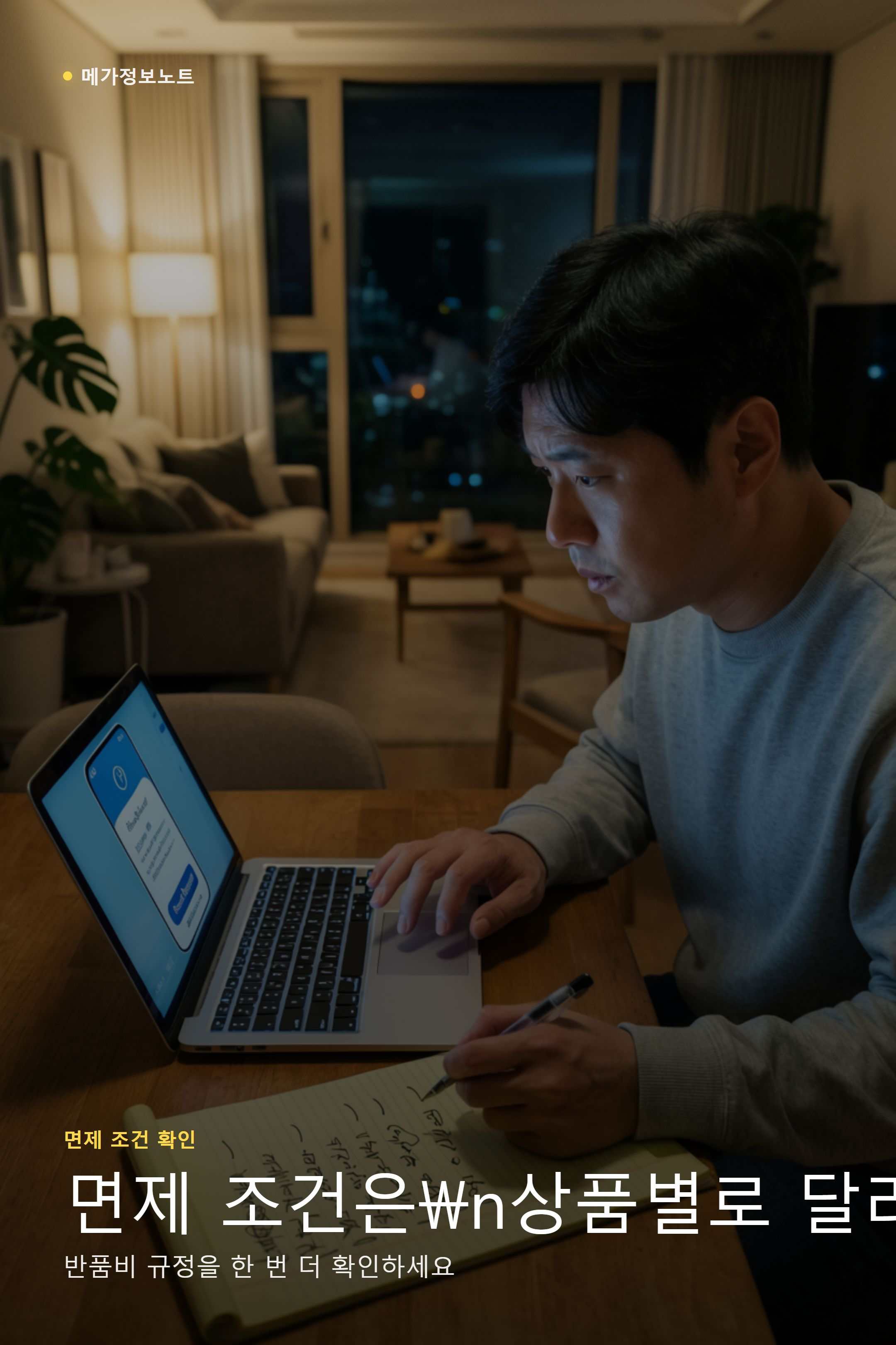 저녁 노트북 앞에서 반품 신청과 면제 조건 체크리스트를 비교하는 30대 남성