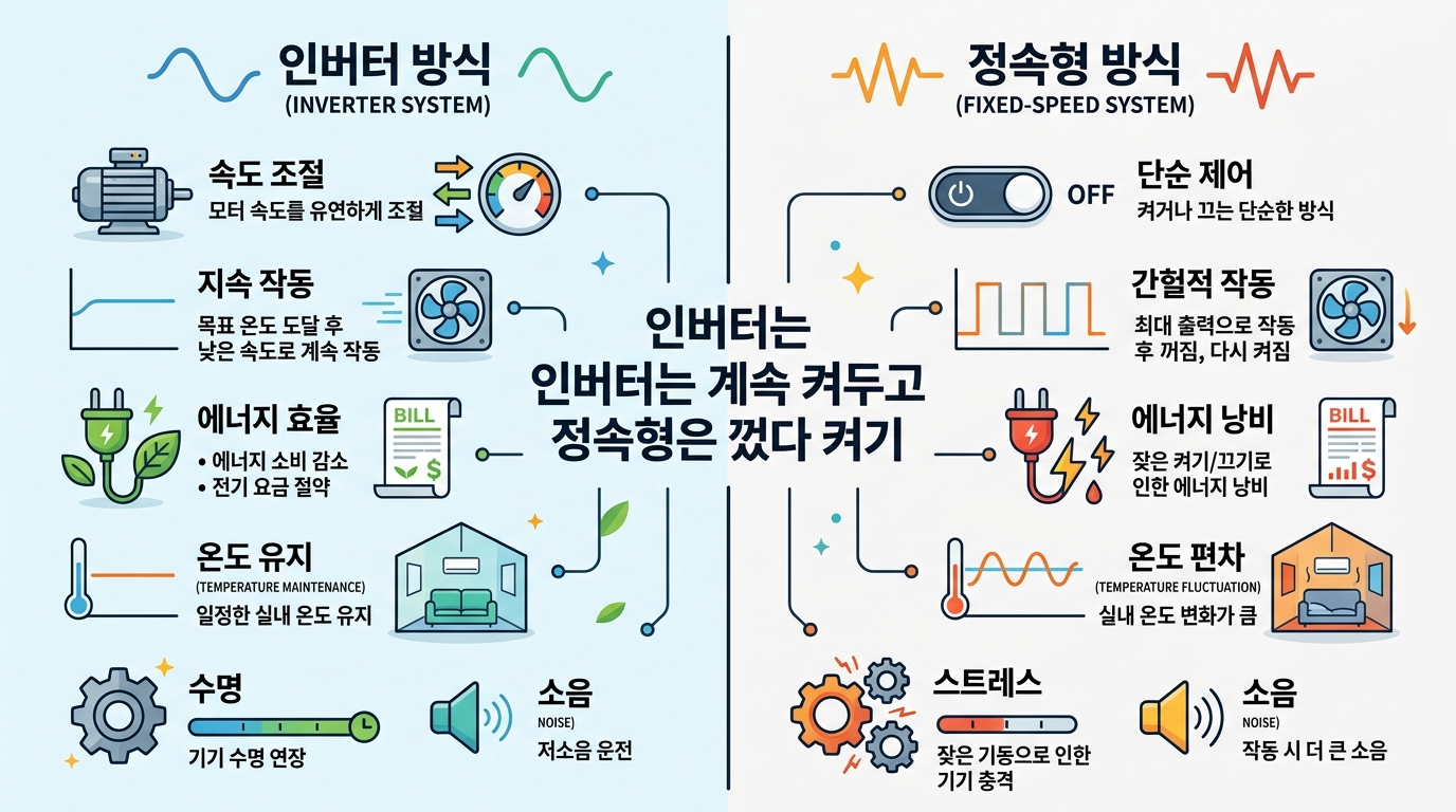 인버터형과 정속형 에어컨 가동 방식 비교 인포그래픽