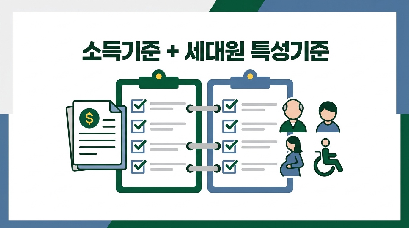 에너지바우처는 소득기준과 세대원 특성기준을 모두 충족해야 한다는 설명 이미지
