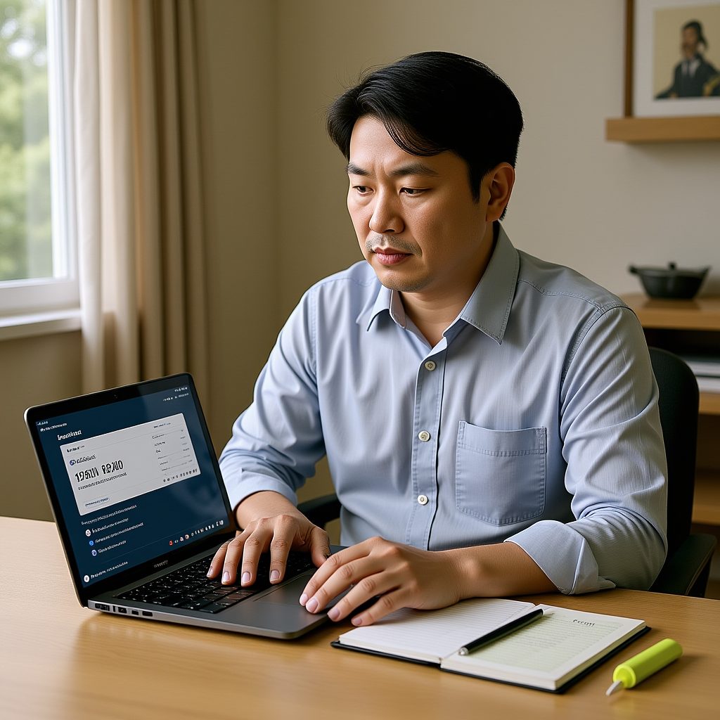 노트북과 메모로 미세먼지법 시행일을 대조하는 장면