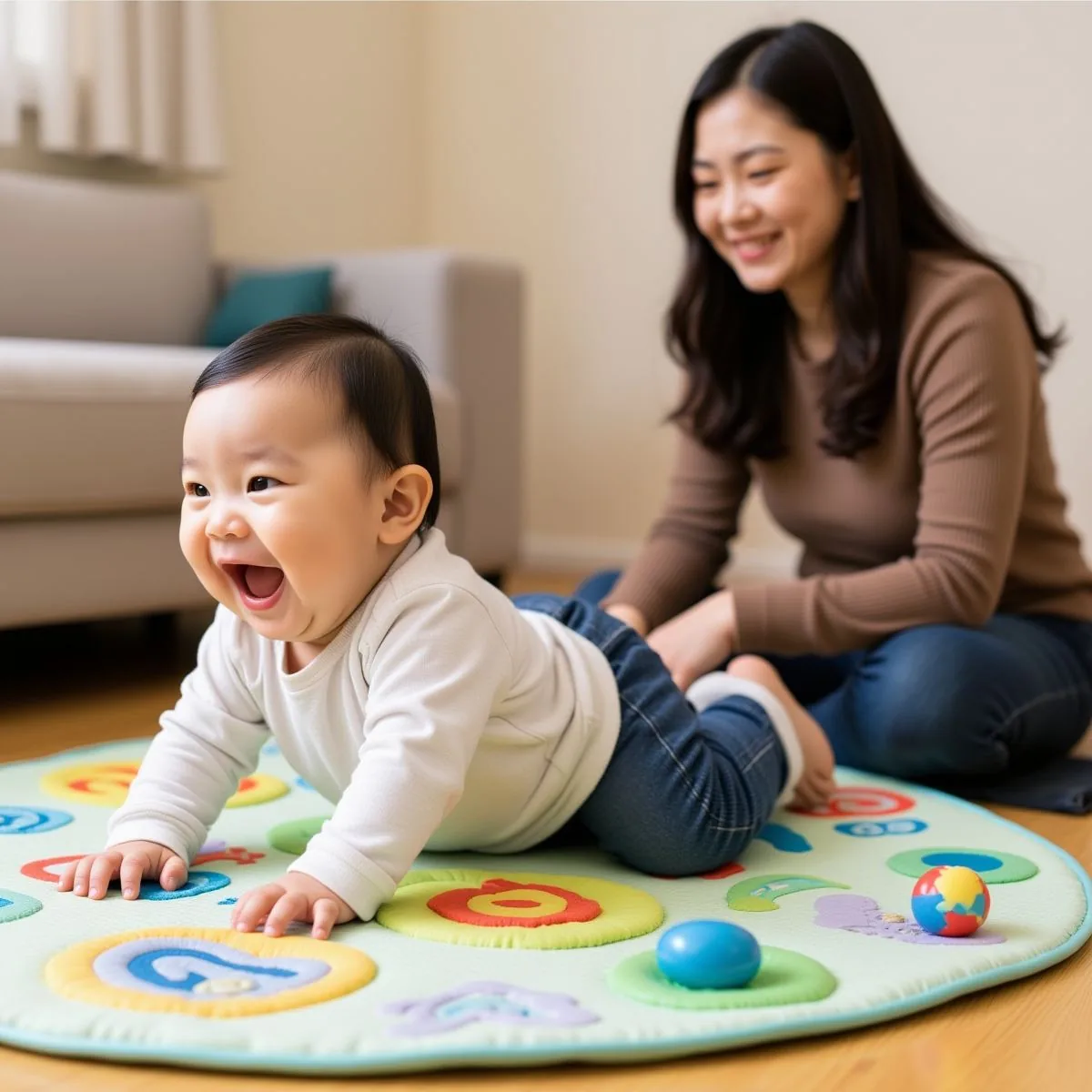 낮 시간 단단한 놀이 매트에서 보호자가 지켜보는 가운데 몸을 돌리는 아기