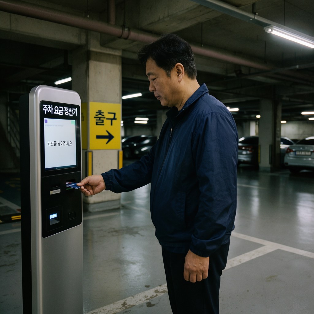 코엑스 주차장 입구에서 주차요금을 확인하는 보호자