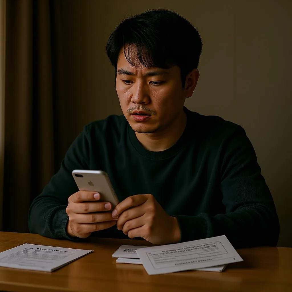 청년이 책상에서 주거 지원 자가진단과 임대 서류를 확인하는 모습