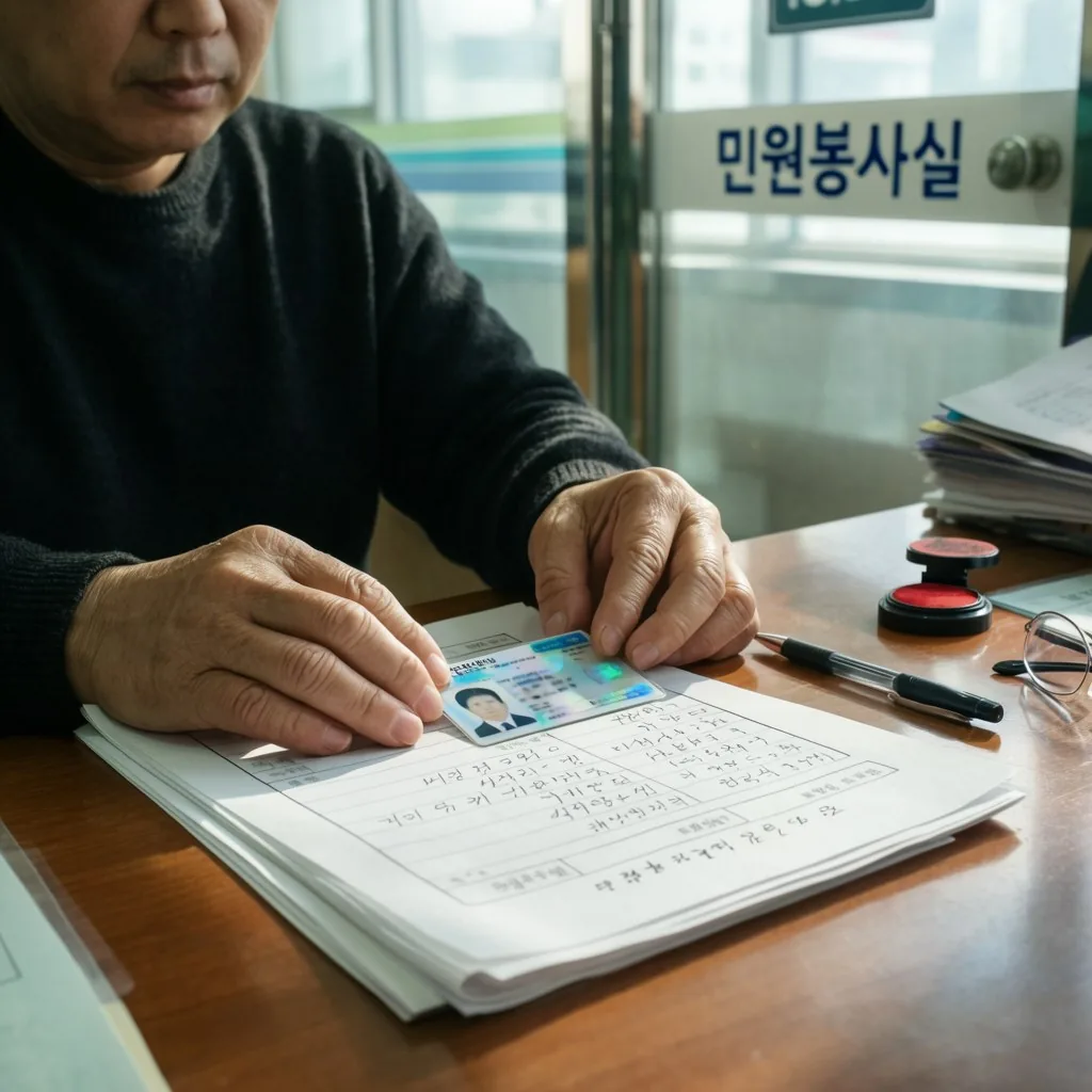 동주민센터 방문 신청을 위해 신분증과 서류를 준비하는 모습