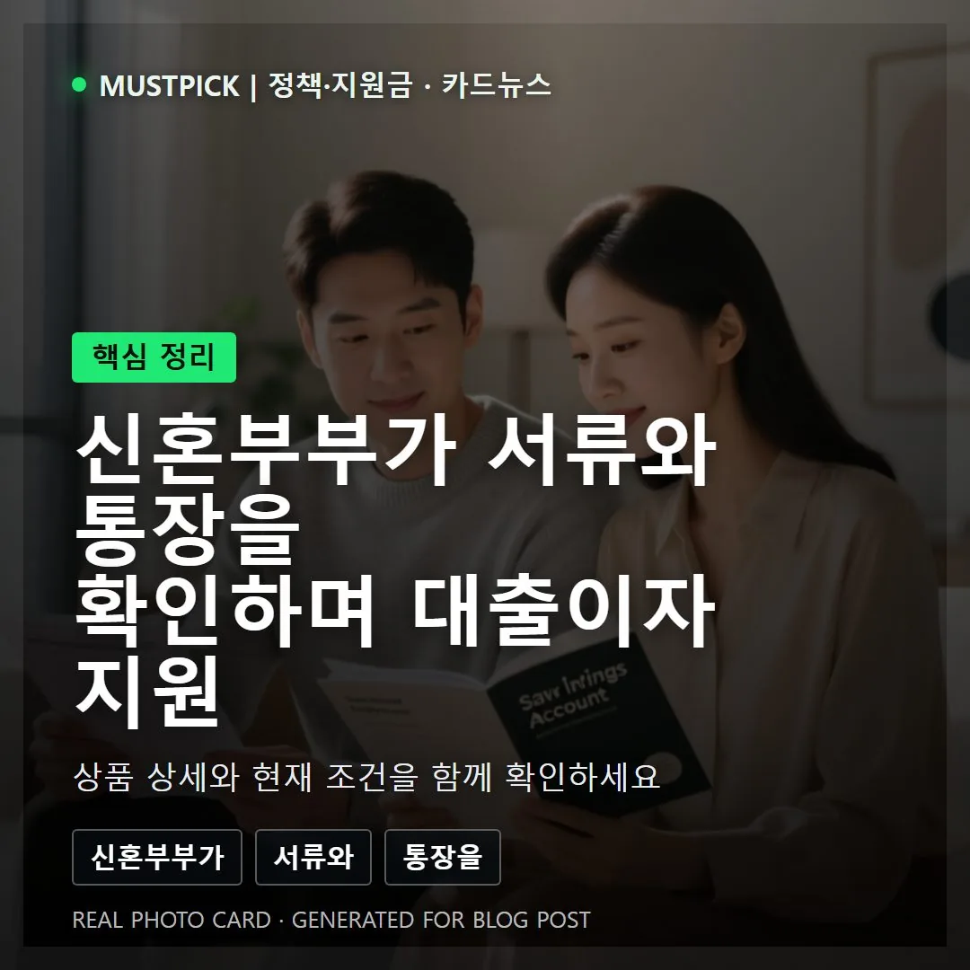 신혼부부가 서류와 통장을 확인하며 대출이자 지원 조건을 검토하는 모습