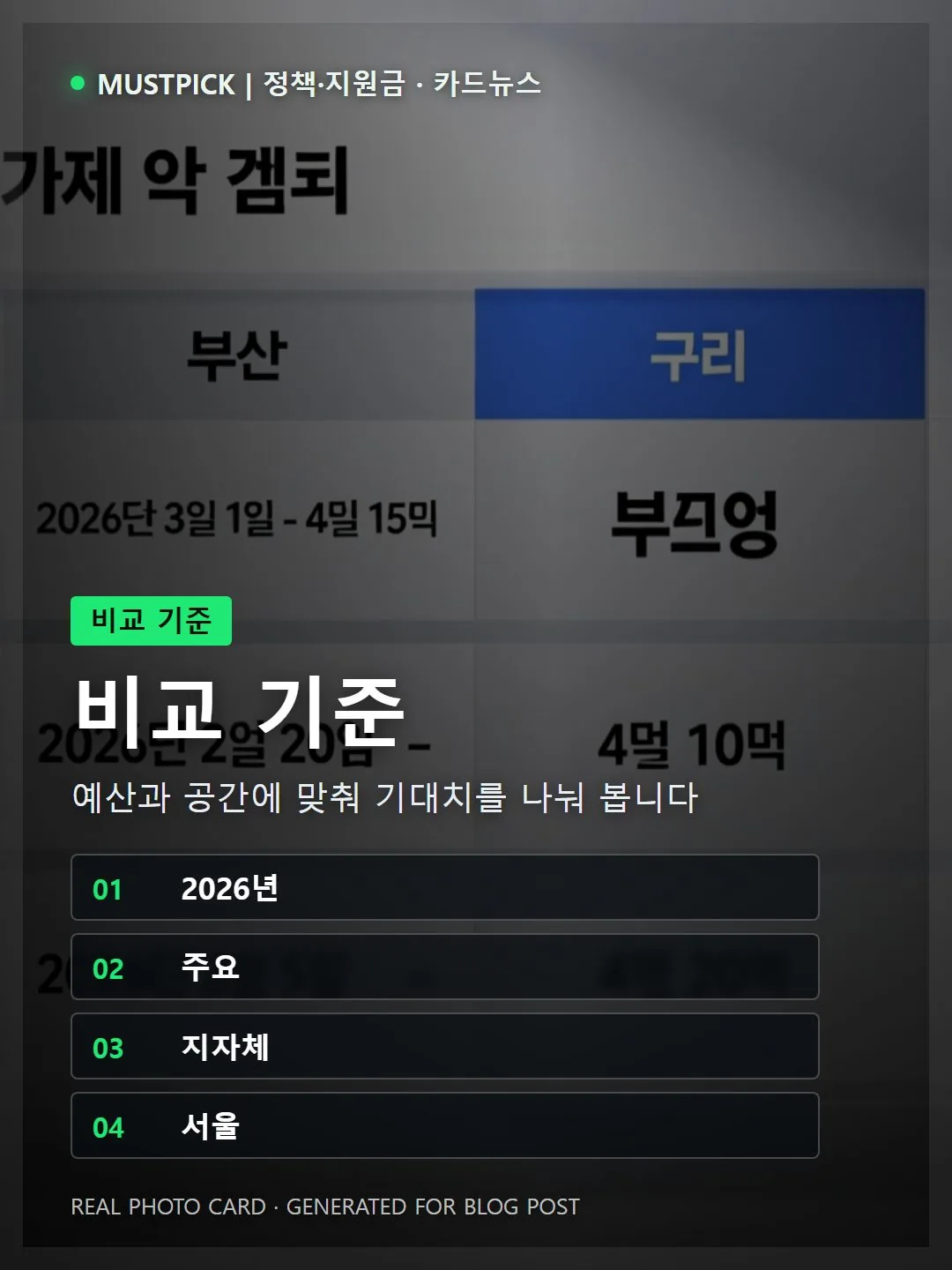 2026년 주요 지자체(서울·부산·구리) 신청 기간·지원 금액 비교표