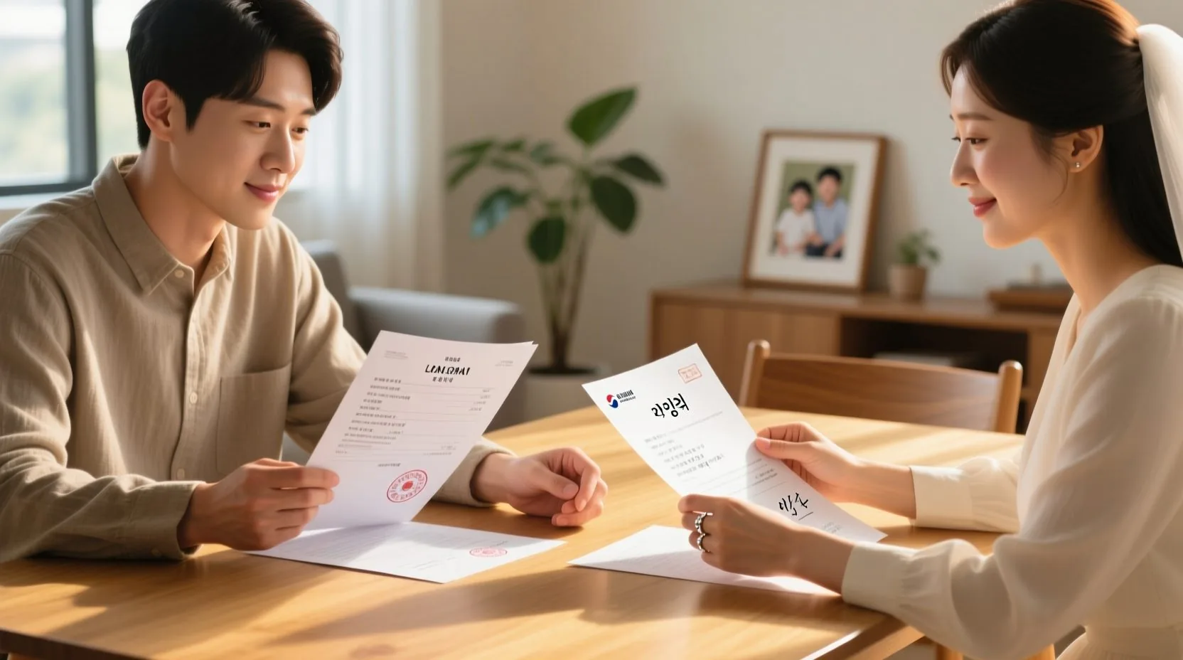이 지원사업은 어떤 정책인가를 확인하는 신혼부부의 계약서와 통장