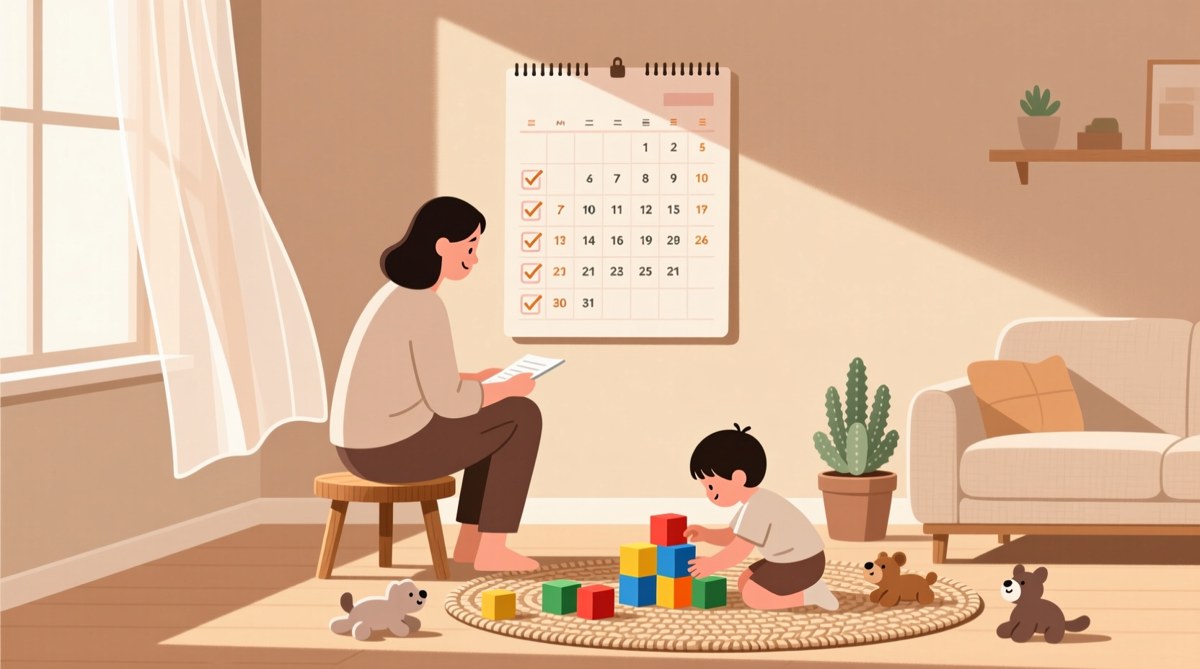 달력의 근무 일수 체크 표시와 거실에서 놀고 있는 어린 자녀를 함께 바라보는 부모