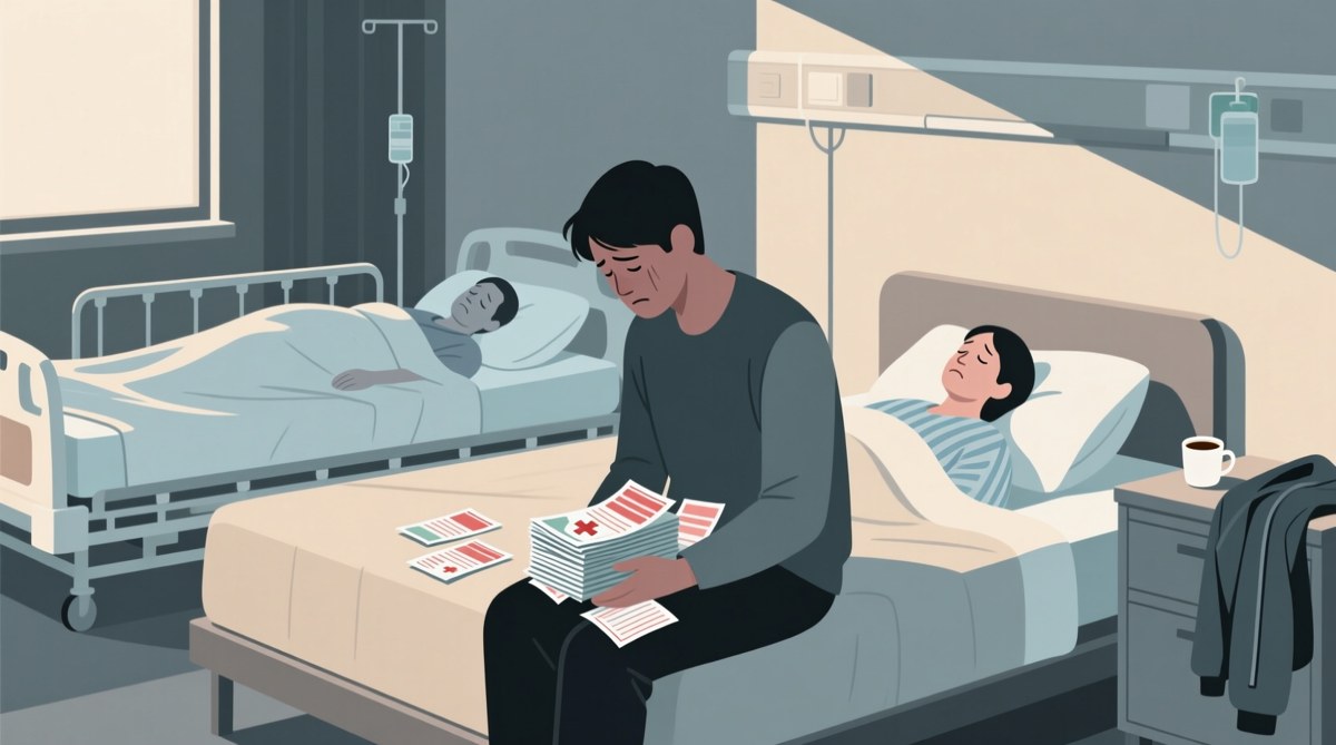 갑작스러운 실직과 질병으로 일상에 곤란을 겪는 위기 가구 상황을 묘사한 설명용 예시 일러스트
