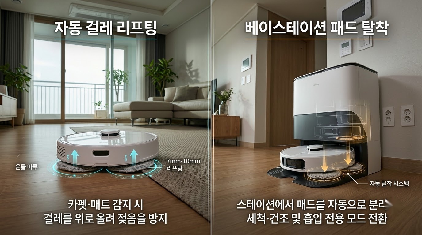 카펫 젖음 완벽 방지! 로봇청소기 물걸레 리프팅 vs 탈부착 방식 장단점 비교 비교 분석 인포그래픽