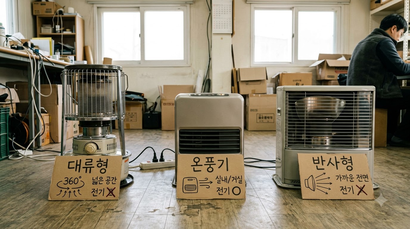 후보 난로의 열이 퍼지는 방향과 전원·공간 조건을 비교하세요.
