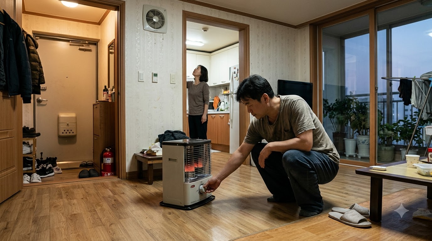 잠들기 전 난로를 끄고 경보기·환기구·소화기 위치를 차례로 확인하세요.