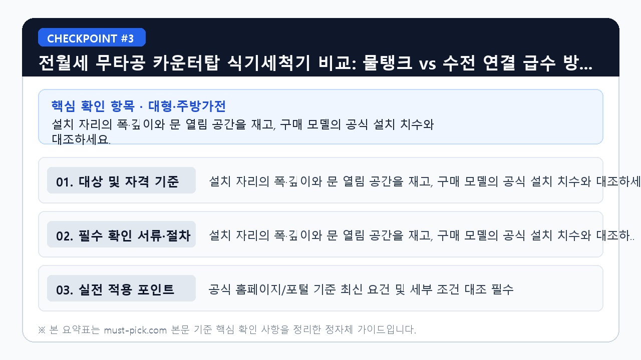 전월세 무타공 카운터탑 식기세척기 비교: 물탱크 v - 설치 자리의 폭·깊이와 문 열림 공간을 재고, 구매 모델의 공식 설치 치수와 대조하세요. (핵심 기준 비교 요약표 3)